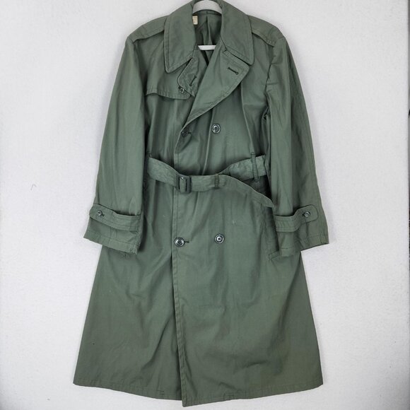 Vintage US Army Raincoat Mens 40S Green Quarpel Trench Coat Belted USGI 70s - Picture 1 of 16